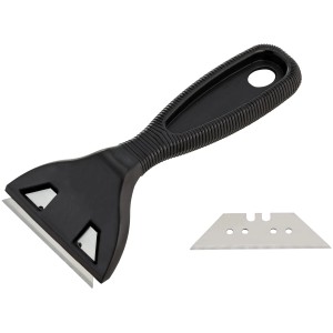 Raschietto per vetro LUX con manico nero e lama di ricambio. Spatola per rimuovere residui.