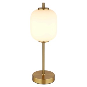Elegante lampada da tavolo LED con paralume in vetro bianco opale e base color oro.