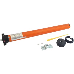 Motore tubolare arancione con accessori per applicazioni domotiche.