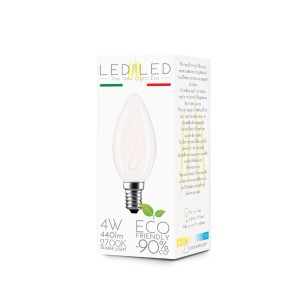 Lampadina LED E14 a forma di candela, 4W, bianco caldo, in confezione.