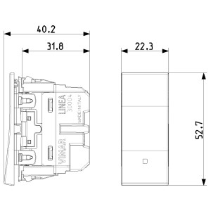 Disegno tecnico di interruttore/pulsante t.b.t. con dimensioni per l'installazione.