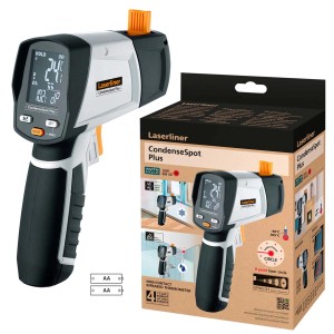 Misuratore Laserliner CondenseSpot Plus con display e confezione.