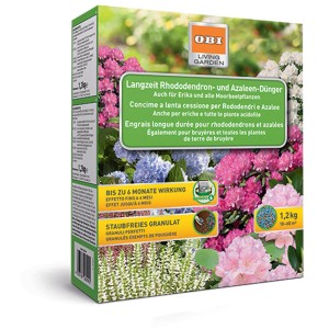 Confezione di concime a lenta cessione per rododendri e azalee GROW by OBI, 1,2 kg, granuli senza polvere.