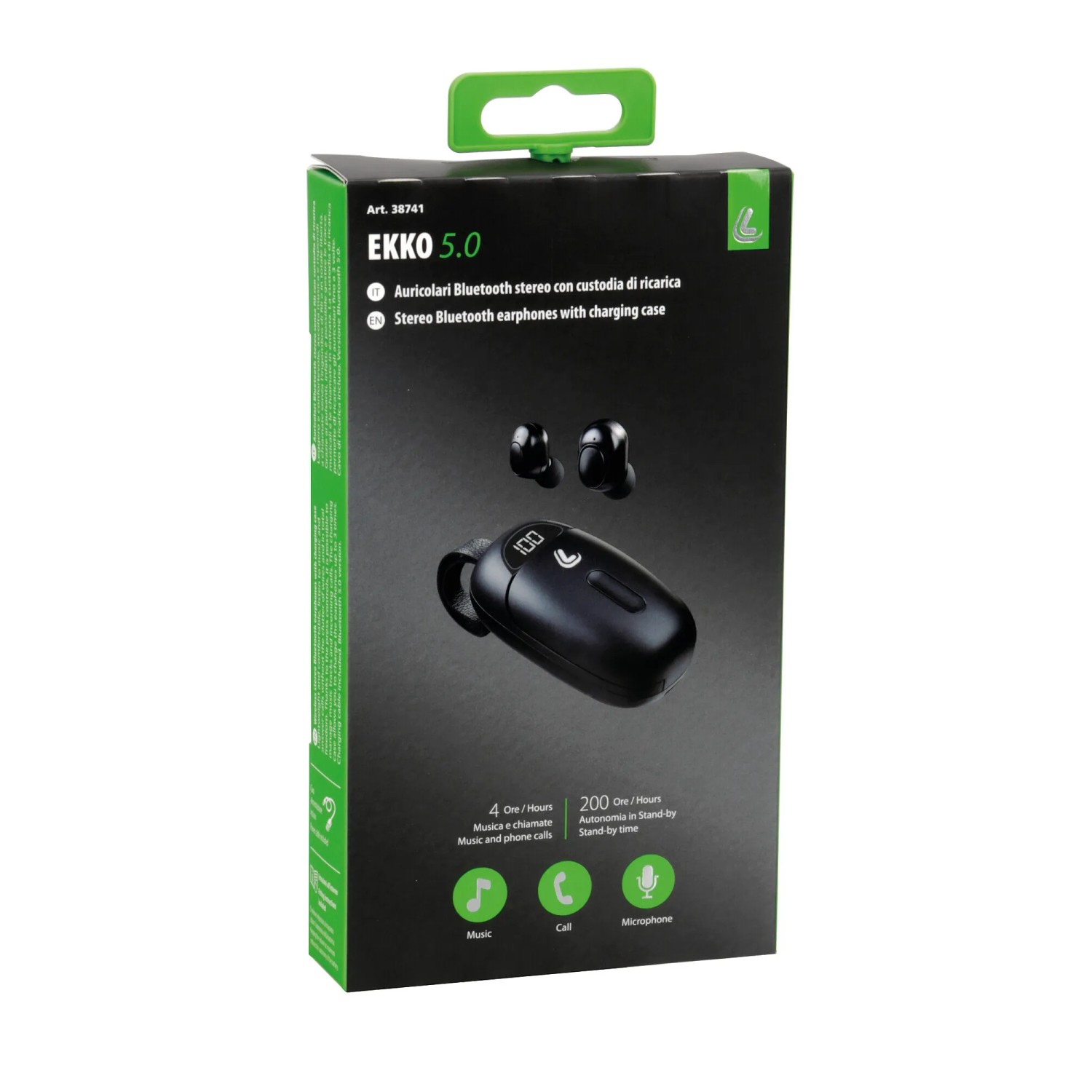 Auricolari Bluetooth Ekko 5.0 neri con custodia di ricarica nella confezione.