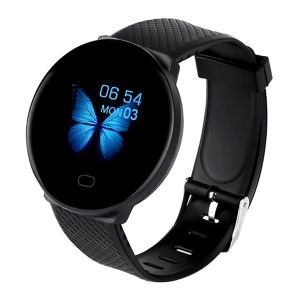 Smartwatch nera con farfalla blu sul display. Accessorio per cellulare.