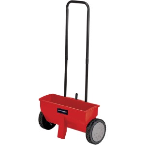 Spandiconcime Einhell GC-SR 12, spargitore di fertilizzante rosso con manico e ruote nere.
