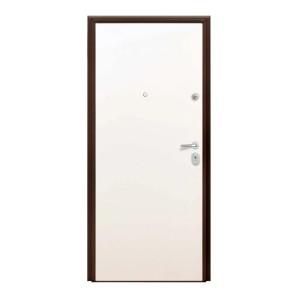 Porta blindata bianca con telaio marrone, maniglia e spioncino.