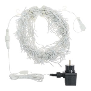 Catena luminosa bianca per esterni, arrotolata con cavo e spina.