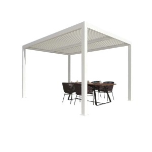 Gazebo t.b.t. bianco con tetto a lamelle e set da pranzo.