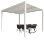 Gazebo t.b.t. bianco con tetto a lamelle e set da pranzo.