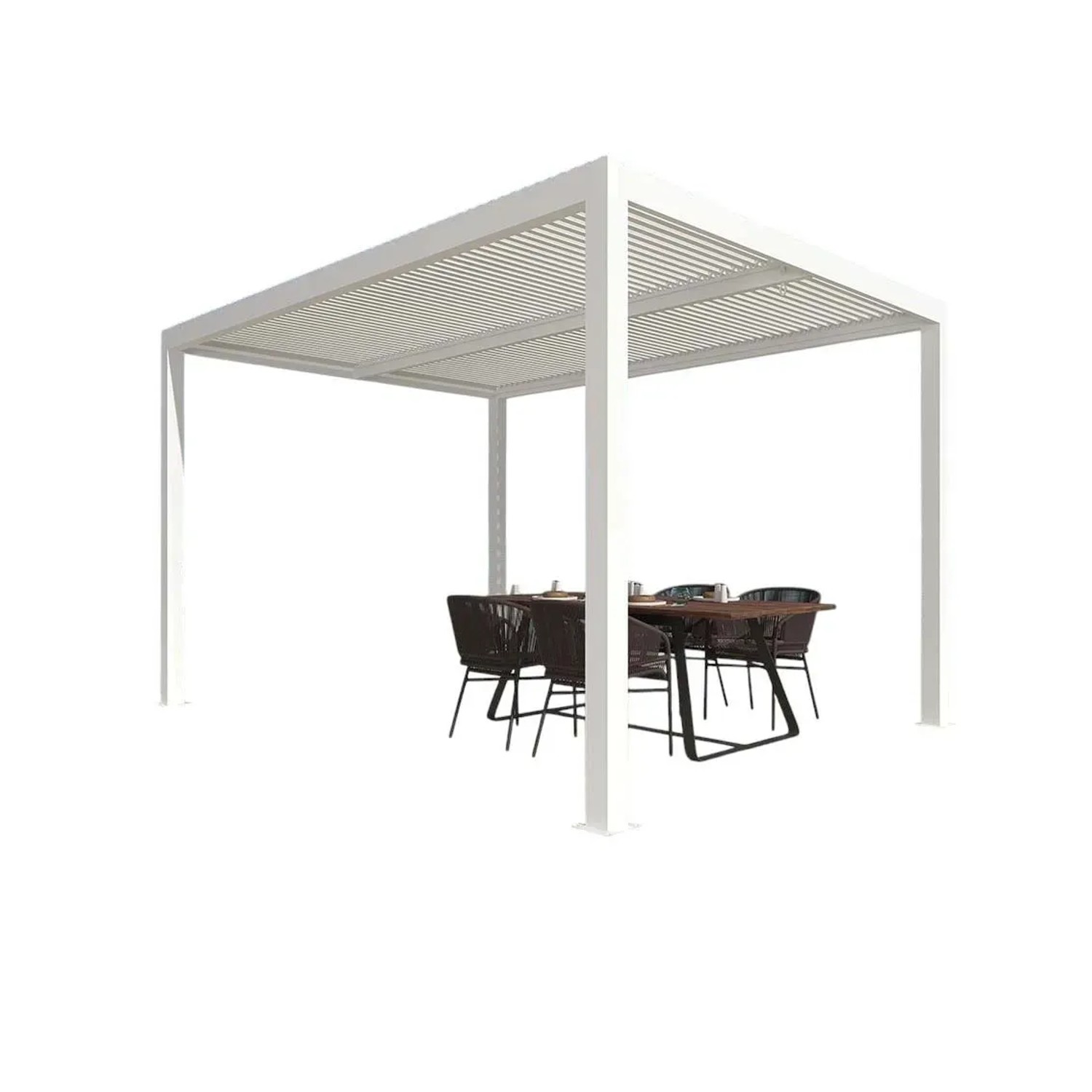 Gazebo t.b.t. bianco con tetto a lamelle e set da pranzo.