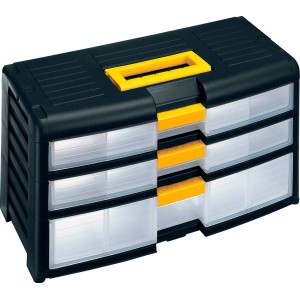 Portaminuteria nera con dettagli gialli e cassetti trasparenti.