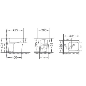 Disegno tecnico del bidet t.b.t. con dimensioni in mm.