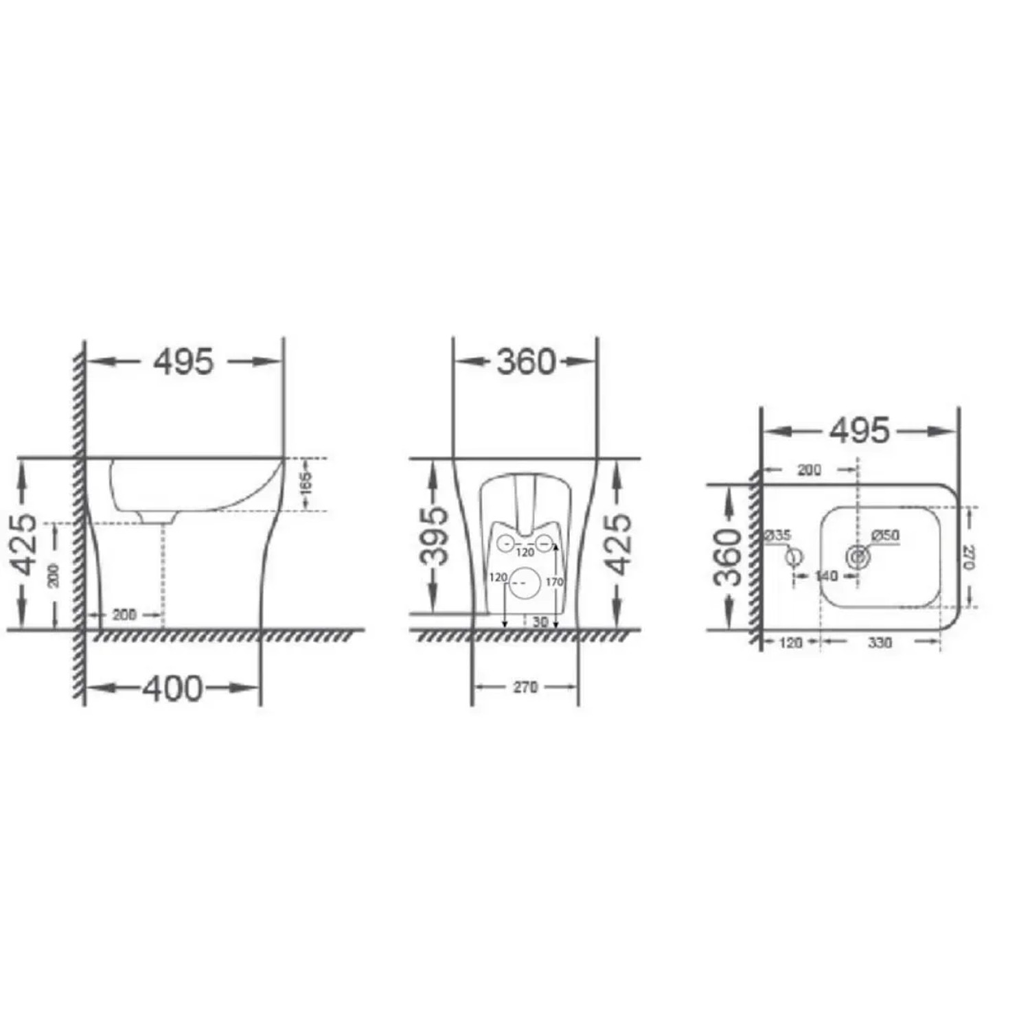 Disegno tecnico del bidet t.b.t. con dimensioni in mm.