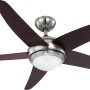 Ventilatore da soffitto Fabiola con cinque pale effetto wengé e lampada in vetro bianco.