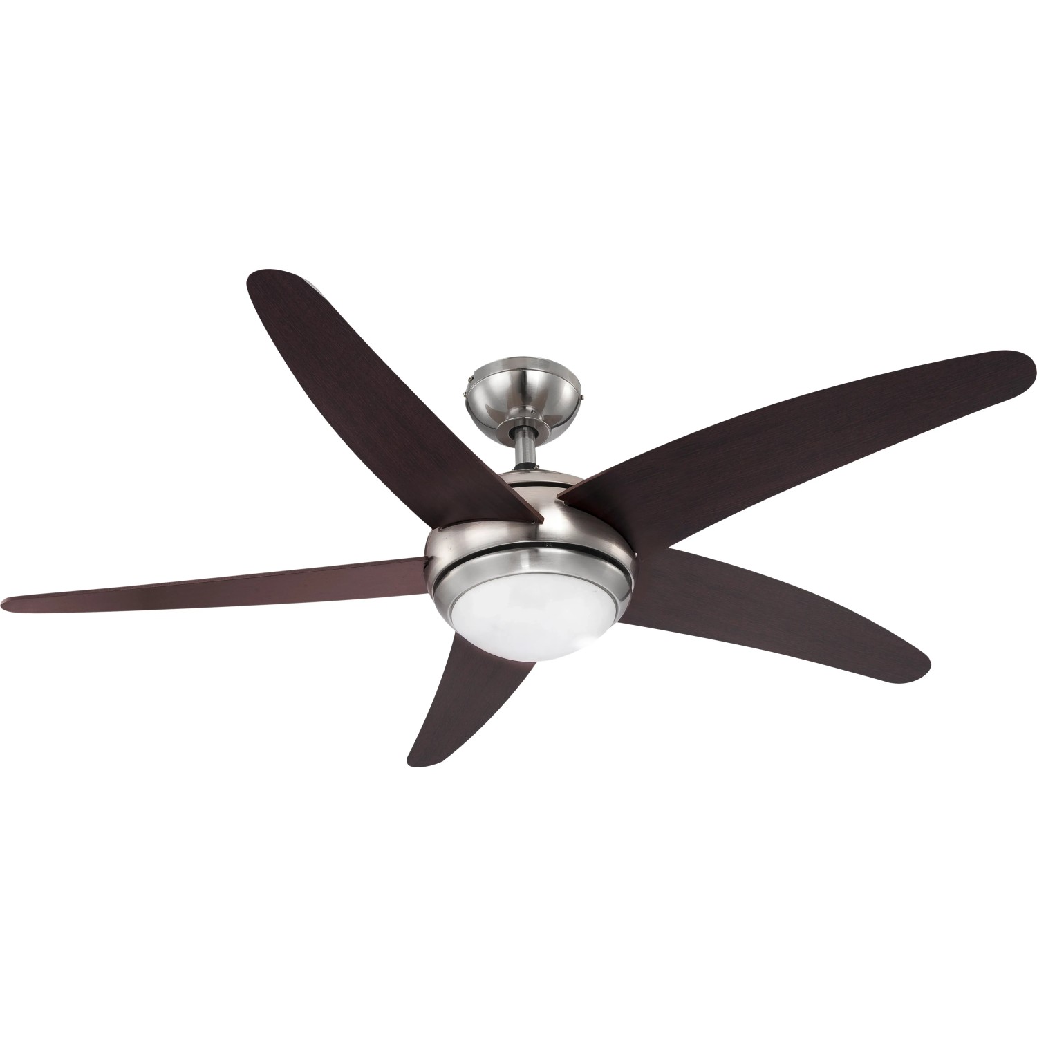 Ventilatore da soffitto Fabiola con cinque pale effetto wengé e lampada in vetro bianco.