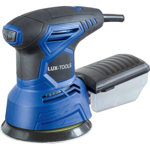 Levigatrice rotorbitale LUX EXS-240 A blu e nera con scatola antipolvere. Levigatrice per legno, metallo e plastica.