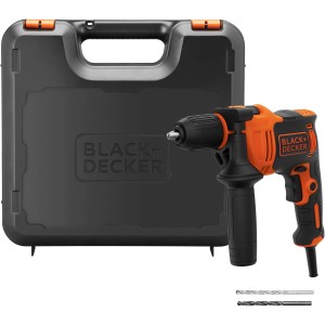 Trapano a percussione Black+Decker in valigetta con punte. Ideale per forare e avvitare.