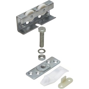 Kit di montaggio Hettich TopLine 3plus per porta scorrevole fino a 40 kg, acciaio zincato, composto da elemento di scorrimento, vite e piastra di montaggio.