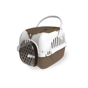 Trasportino per cani t.b.t. marrone e bianco con maniglia e porta trasparente.