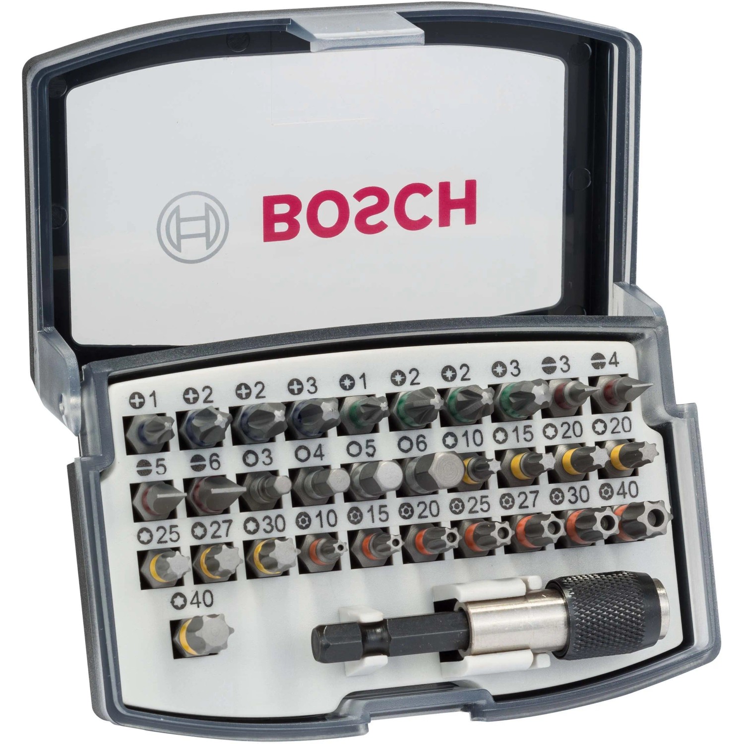 Set di inserti per avvitatori Bosch, 32 pezzi in custodia trasparente. Set di punte con varie dimensioni e forme.