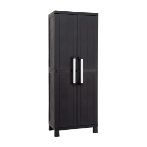 Armadio da giardino in plastica nera con due ante e maniglie argentate.