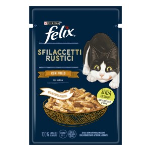 Felix Sfilaccetti Rustici cibo umido per gatti con pollo, alimento completo per gatti.