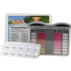 Tester cloro Summer Fun per analisi acqua piscina con scala colorimetrica e pastiglie reagenti.