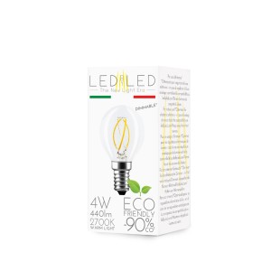 Lampadina LED E14 nella confezione: 4W, luce calda, dimmerabile ed efficiente.