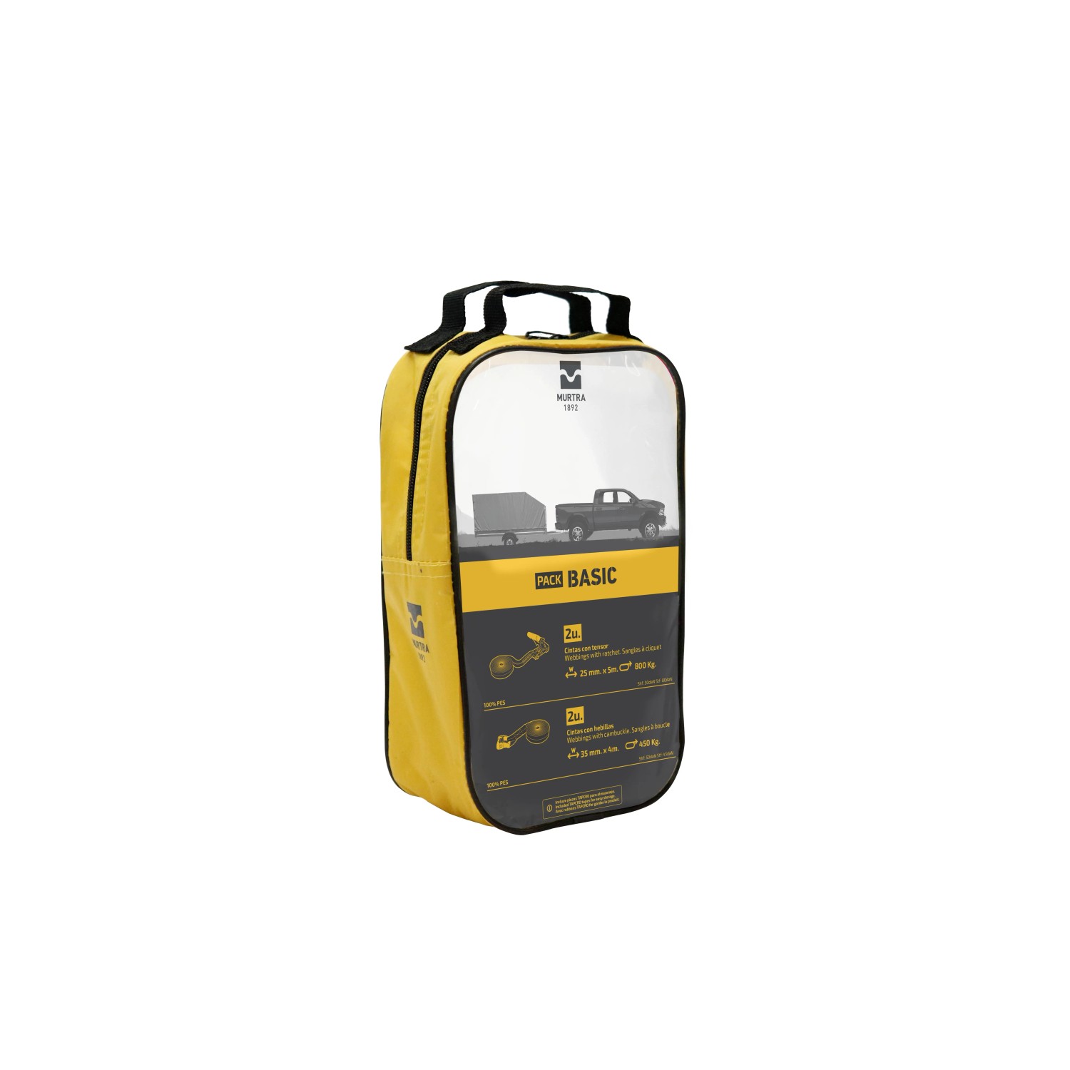 Borsa gialla con cinghie di tensione e accessori per il fissaggio del carico.
