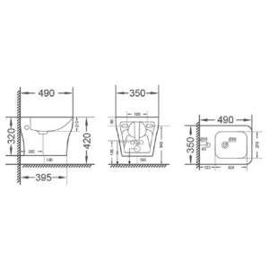 Disegno tecnico del bidet t.b.t. con dimensioni per l'installazione.