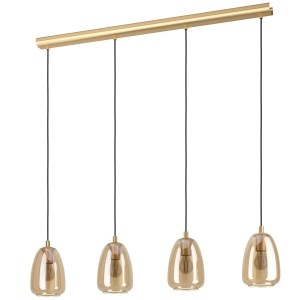 Lampada a sospensione t.b.t. color oro con quattro paralumi in vetro a forma di goccia.