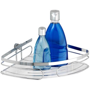 Mensola angolare Premium Wenko in acciaio inox, 26,5 cm, con due flaconi blu come decorazione.