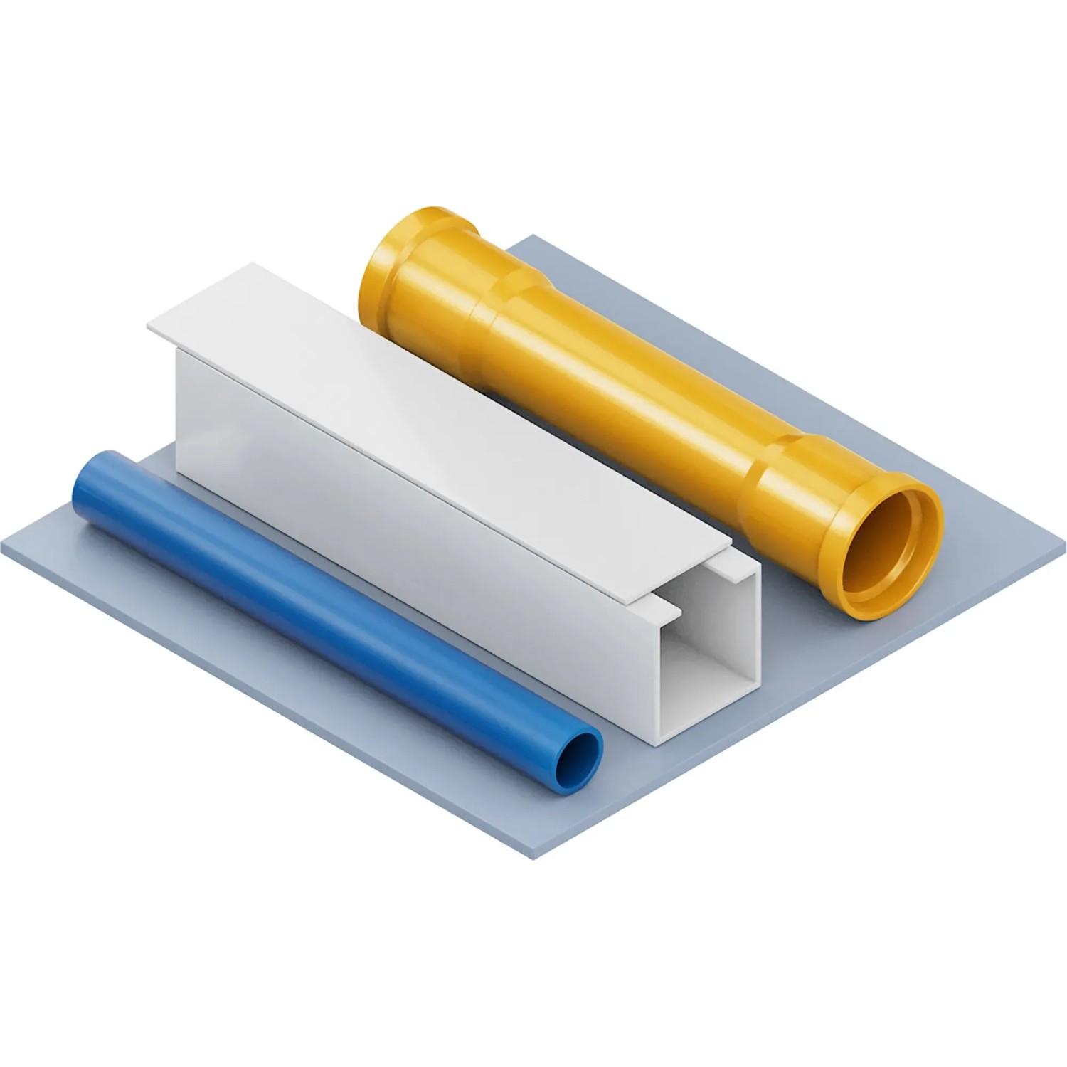 Assortimento di vari tubi e profili in blu, bianco e giallo su una superficie grigia.