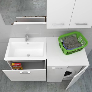 Moderno set di mobili bagno bianchi con lavabo, mobile sottolavabo e lavatrice. Ideale per bagni piccoli.