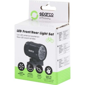 Set luci LED per bici Sparco, anteriore e posteriore nella confezione.