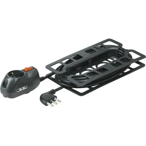 Prolunga t.b.t. nera con avvolgicavo e interruttore.