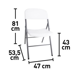 Immagine di una sedia pieghevole bianca con dimensioni di altezza, altezza seduta e larghezza.