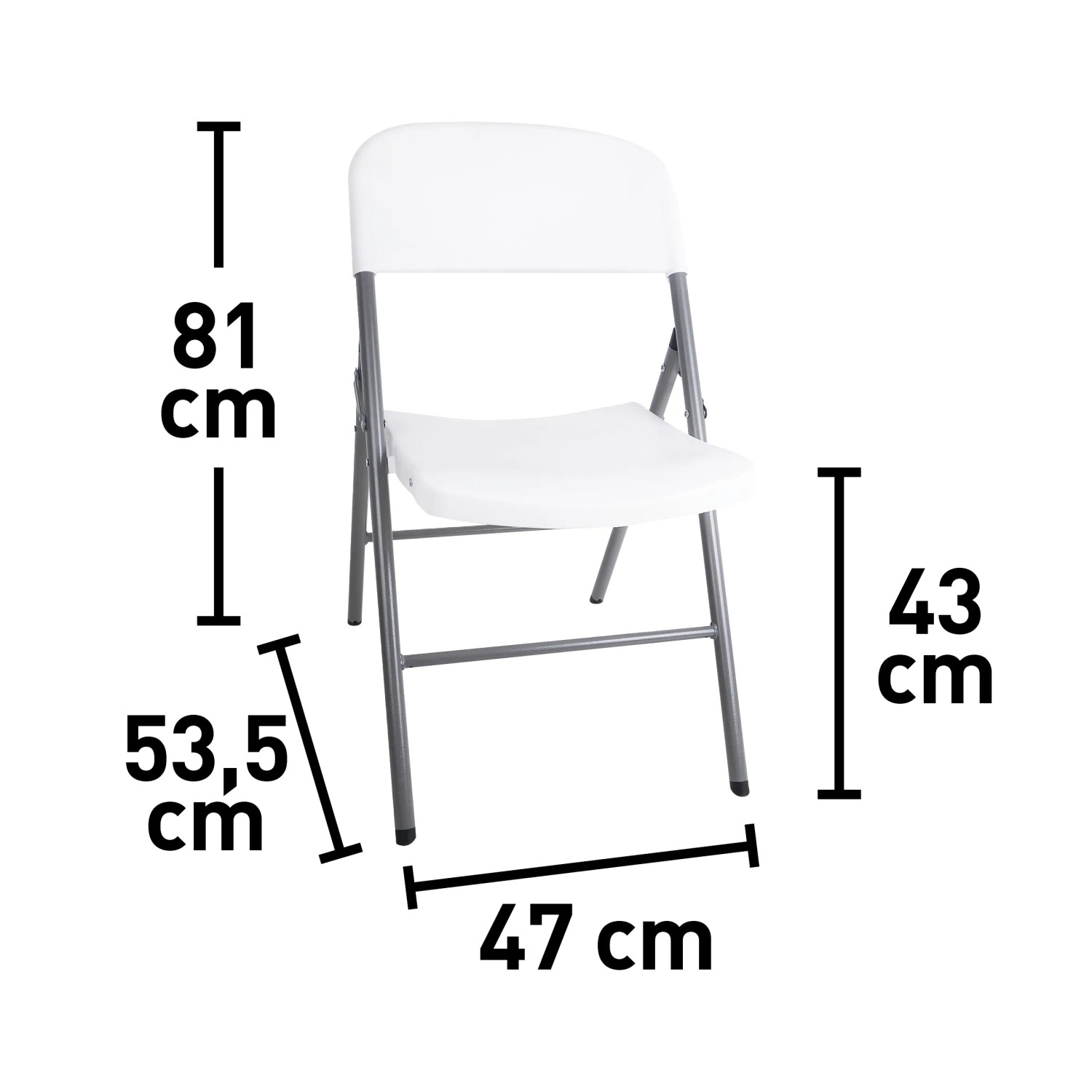 Immagine di una sedia pieghevole bianca con dimensioni di altezza, altezza seduta e larghezza.