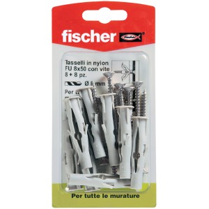Tasselli Fischer 8x50 mm con viti, adatti per diversi tipi di muratura.