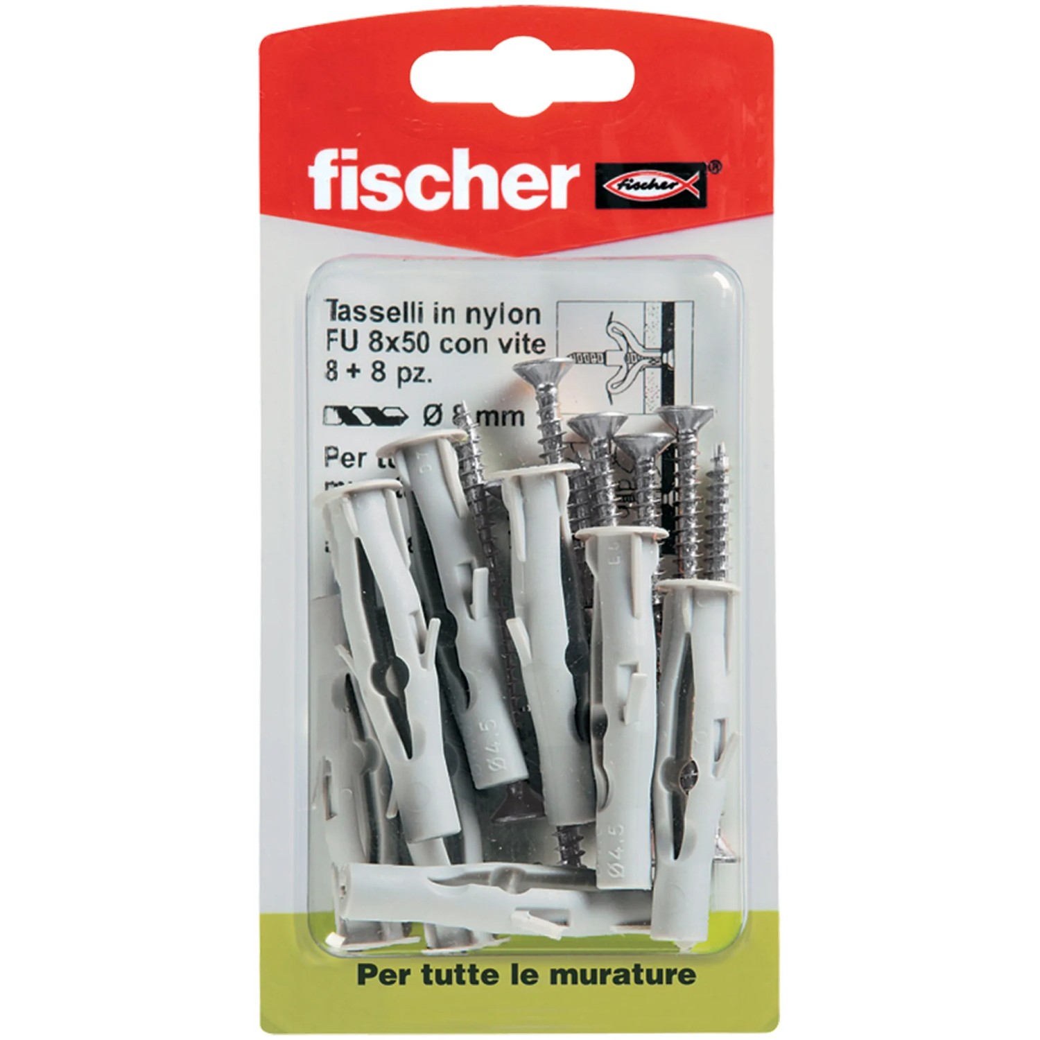 Tasselli Fischer 8x50 mm con viti, adatti per diversi tipi di muratura.