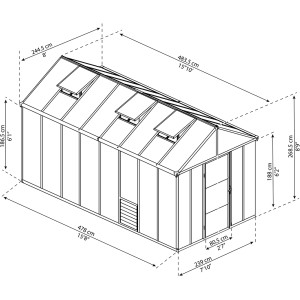 Disegno tecnico: serra Palram Canopia Glory 4.8x2.5m, dimensioni e dettagli.