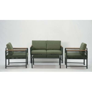 Set di mobili da giardino t.b.t. con divano e due poltrone verdi.