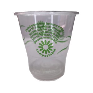 Bicchiere trasparente compostabile per bevande fredde, ideale per feste ed eventi.