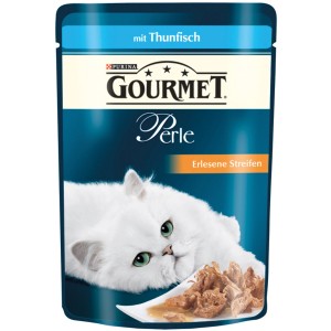 Gourmet Perle cibo umido per gatti con tonno, striscioline in salsa, confezione da 85g.