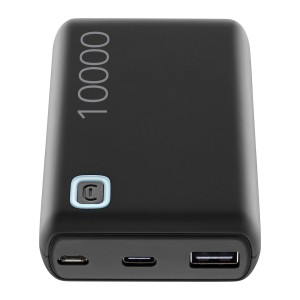 Power bank nera t.b.t. con 10000 mAh e porte USB.