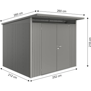 Casetta da giardino in metallo Biohort AvantGarde A6, grigio quarzo metallizzato, con doppia porta e dimensioni.
