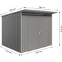 Casetta da giardino in metallo Biohort AvantGarde A6, grigio quarzo metallizzato, con doppia porta e dimensioni.