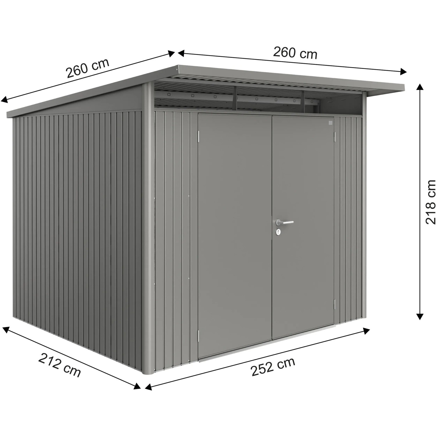 Casetta da giardino in metallo Biohort AvantGarde A6, grigio quarzo metallizzato, con doppia porta e dimensioni.