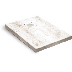 Base rettangolare per fontane da giardino, marmorizzata beige-bianca, con foro centrale.
